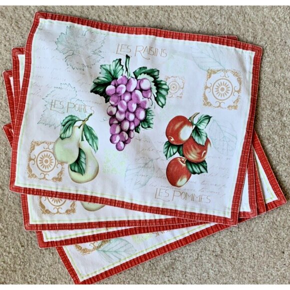 VINTAGE 4 Pc Cotton Placemat French Country Chic Cottage Kitchen Red Tan Fruit - Picture 2 of 11
